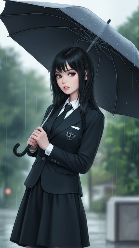 1girl, solo, long_hair, looking_at_viewer, skirt, shirt, black_hair, long_sleeves, holding, jacket, white_shirt, outdoors, parted_lips, necktie, collared_shirt, black_skirt, blurry, black_jacket, blurry_background, umbrella, black_necktie, holding_umbrella, realistic
