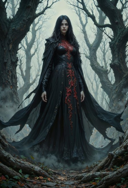 A mysterious witch with long, dark, silky black hair cascading down her back, and piercing glowing red eyes that seem to emanate an otherworldly intensity, stands solo in a mist-shrouded, ancient forest, enveloped by an unsettling silence, surrounded by twisted, gnarled, and bare dead trees that stretch towards the sky like skeletal fingers. Her slender figure, clad in a flowing, dark, velvet cloak with intricate, crimson embroidery, blends seamlessly with the eerie atmosphere, exuding an aura of mystique and power. The misty veil that wraps around her ankles adds to the enigmatic ambiance, casting long, ominous shadows across the forest floor, as if the very spirits of the forest are swirling around her. The overall serene style is tempered by an undercurrent of foreboding, as if the witch is the keeper of ancient secrets, waiting to be unearthed in the heart of this hauntingly beautiful forest.