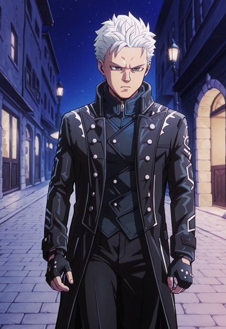 dbstyle, masterpiece, best quality, hyper-Detailed, 1man, solo, male focus, alone, detailed, DMC5Vergil ((toned body, fair skin, white hair, short hair, blue detailed eyes,)), ((wearing black coat, black pants, black fingerless gloves)), serious, looking away, walking, italian streets, night