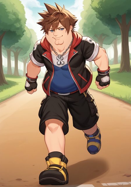 score_9, score_8_up, score_7_up, source_anime, rating_safe, , anime screencap,4k, HD, 8k, highres, BREAK, 1boy, solo,
<lora:Sora:.8>,  sora, fingerless gloves, 1boy, male focus, spiked hair, blue eyes, solo, gloves, necklace, brown hair, smile, hood, full body, short sleeves, 
<lora:PeterGriffin_iamkowai_PXL_Leaf1-10:1>, Peter Griffin, 1boy, fat,
dutch angle,
smile, running, 
looking at viewer, standing,
cowboy western, wild west, dirt path, old west town,