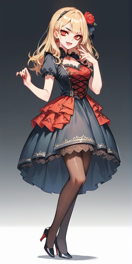 score_9, score_8_up, score_7_up,source_anime, high res image,masterpiece,best quality,(girl:1.0),cute face,clear skin,shiny hair,ultra detailed eyes,simple background,  <lora:vampire cos_pony_V1.0:0.7> vampire cos, dress, makeup, high heels, skirt, pantyhose,fangs