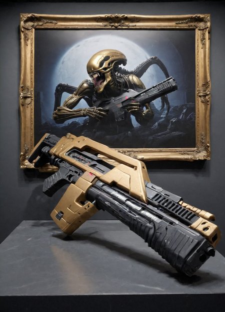 a golden frame with a m41apls rifle on display in a museaum with a picture of a dead alien xenomorph beside it
 <lora:Alice_Wetterlund-000010:1> <lora:Armat_M41A_Pulse_Rifle_-_Aliens_SDXL:1>