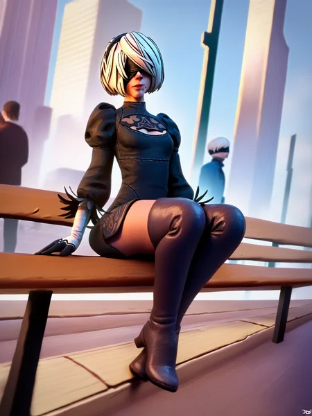 source_anime, rating_safe,  bdlds, YoRHa No.2 Type B, public park, sitting on a bench, score_9, score_8_up, score_7_up, score_6_up, score_5_up, score_4_up <lora:BorderlandsXL:1>