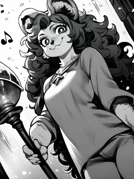 score_9, score_8_up, score_7_up, score_6_up, cute girl, musical note, tunic, magical staff, fluffy hair, big hat, light smile, bright pupils, particles around, splash art, pants, looking at viewer, cowboy shot, smile, cute, wide shot, solo, dutch angle, detailed background,
 <lora:ABearHand_style:1>, HandBeardXLP, monochrome, greyscale,