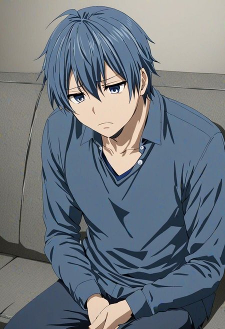 high resolution, solo, best quality, 1Boy, Tomoya Okazaki, Grey Blue Hair, deep talk, depression, sit, couch, OverallDetail