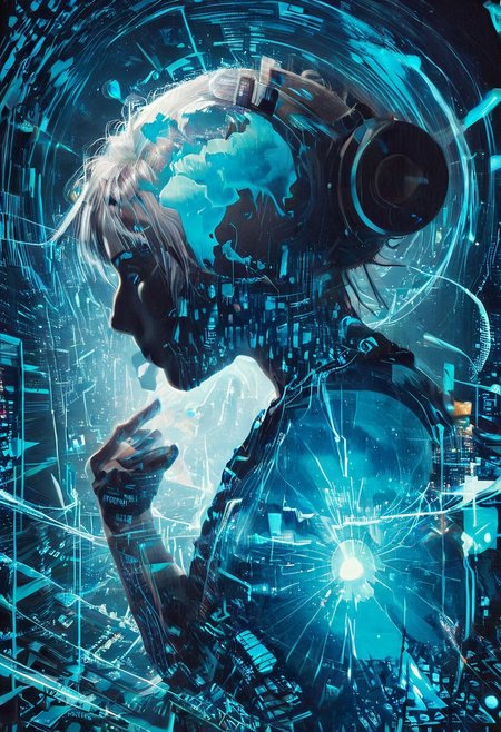 double exposure of Hatsune Miku with long blue hair floating twintails singing merging with a printed circuit board, <lora:DoubleExposure:1>, head, person, 
(masterpiece, best quality, ultra_detailed, highres, absurdres:1.2), 
realistic, photo, circuitry, circuits, chip, processor, motherboard, electronics, side view,  
1girl, solo, (Hatsune_Miku, long_hair, aqua_hair, twintails:2), aqua_eyes, small_breasts, bare_shoulders, necktie, detached_sleeves, sleeveless_shirt, pleated_skirt, black_skirt, aqua_necktie, grey_shirt, black_thighhighs, black_sleeves, arm_tattoo,
<lora:loraeyesxl:0.4>