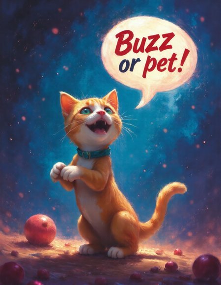<lora:Fantastic:1>
a fantastic painting, dynamic of a cat playing  saying on a speech bubble "Buzz or pet"