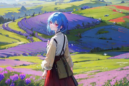 (otherworldly), highly insanely detailed, masterpiece, top quality, best quality, highres, 4k, 8k, RAW photo, (very aesthetic, beautiful and aesthetic), farm, fields, barn, fence, fantfa, <lora:FantasyFarm-10:0.3>, 
1girl, 
(electric blue hair,pastel lavender hair ), 
(dark auburn background,khaki background,maroon background ),âââ