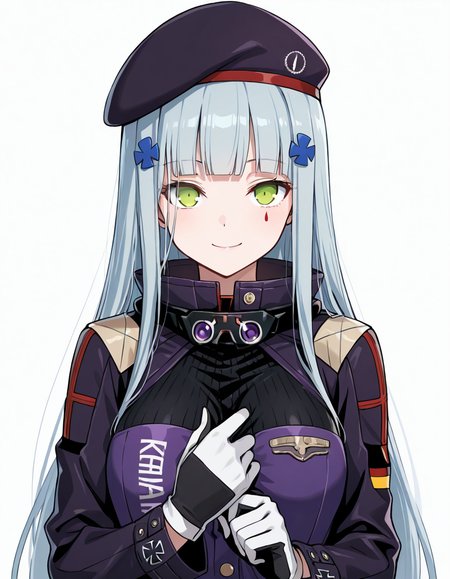 Volumetric Lighting, (masterpiece), (best quality), (ultra-detailed), masterpiece, source_anime, score_9, score_8_up, score_7_up BREAK, illustration, disheveled hair, detailed eyes, perfect composition, moist skin, intricate details, detailed eyes, detailed face, detailed fingers BREAK, HK416, green eyes, long hair, grey hair, blue hair,blunt bangs, teardrop facial mark BREAK, HK416def, def_jacket, 416_hair_ornament, def_goggles, eyewear around neck, def_beret, def_two-tone_gloves, teardrop facial mark BREAK, ((white background)), looking at viewer, standing, upper body, smile, face focused