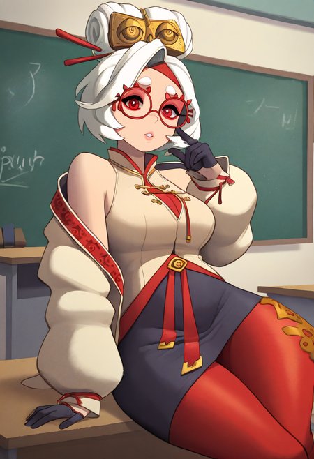masterpiece, best quality, very aesthetic, 1girl,pur4h, white hair, red eyes, hair bun,hair ornament, red headband, red glasses, sleeveless shirt, beige shirt, beige jacket, red trim, open jacket, black skirt, red leggings, gloves, desk,looking at viewer,indoors,classroom,chalkboard,parted lips <lora:riz_n11:1> <lora:purah-illu-nvwls-v1:0.8>