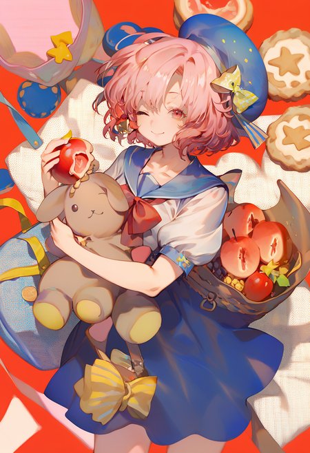 score_9, score_8_up, score_7_up, score_6_up <lora:reiXL_AutC_lokr_V43P1:0.95>  1girl, food, apple, fruit, red eyes, bow, hat, smile, red bow, holding, beret, blue skirt, red background, white shirt, blue headwear, looking at viewer, skirt, shirt, hair bow, closed mouth, yellow bow, solo, short sleeves, bag, arima kana, cookie, hat bow, holding food, medium hair, red hair, one eye closed, stuffed toy, short hair, red apple, pie, sailor collar, dress, polka dot, holding fruit, pink hair, polka dot background, blue sailor collar, inverted bob, stuffed animal, hugging object, blue dress, puffy sleeves, bob cut, puffy short sleeves