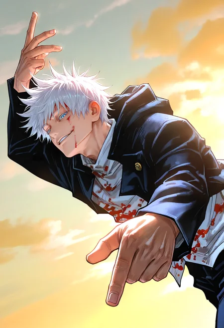 1boy, honored, gojou satoru, jujutsu kaisen, cloud, yellow sky, smirk, half-closed eyes, jujutsu tech uniform, blood on clothes, blood on face, 
<lora:cfg_scale_boost:0.3>,<lora:nai_noob_new_1536:0.3>,<lora:nyaliaXLNBVP1lokrV6311P:0.3>, <lora:illustriousXL_stabilizer_v1.23:0.4>, <lora:honored:0.9>, (masterpiece, best quality, newest, highres:1.3), good quality, very aesthetic, absurdres, newest, very awa,