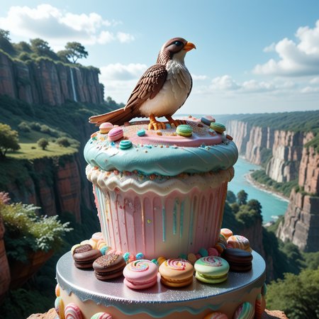 lazyup, peacock, vxc4k3, tail feathers fanned as multicolored macarons, perched on a sugar-crystal cliff, edible glitter plumage, backdrop of glaze-drizzled hills, intricate textures. <lora:vx_cake_pony:1.1000000000000003> <lora:TrendCraft_The_Peoples_Style_Detailer-v2.0A-3_13_2025-PonyXL:0.4000000000000001>