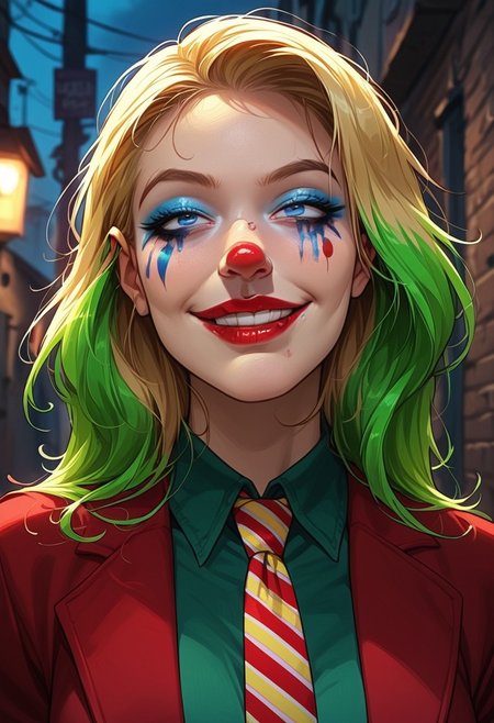 score_9, score_8_up, score_7_up, score_6_up,  rating_explicit, source_western,  Ellie Buckingham, ((Bright Blond hair)), Blond Hair, Blond Bright blue eyes. Very large breasts, torpedo breasts, humongous breasts Western Style Artwork. Bold Lines, 
joker \(dc\), (clown makeup, white face, smeared lipstick, red lipstick, facial mark, facepaint, blue makeup, red nose:1.3), upper body, solo, empty eyes, (impossible wide smile, crazy smile), half-closed eyes, staring, green shirt, collared shirt, red blazer, yellow boutonniere, loose necktie, striped necktie, multicolored hair, green hair, eerie atmospher, dark alley, complex background, night,
