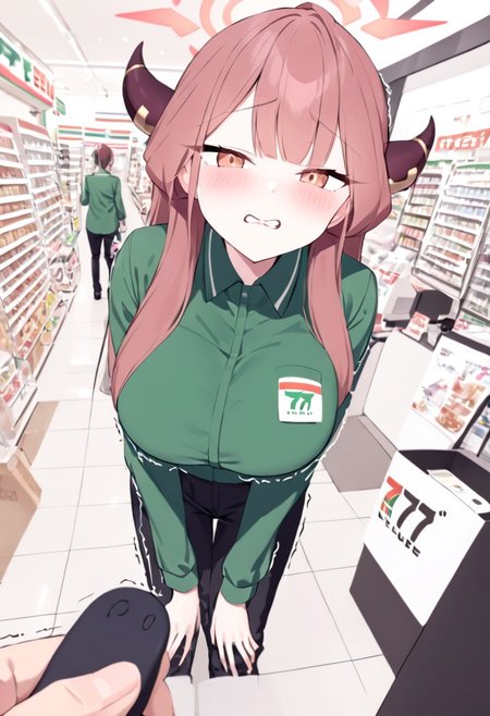 Aru_(Blue_Archive),large breasts,horns,uniform,7eleven, scenery, indoors, box, tiles, shop, tile floor,7elevenU, employee uniform, green shirt,black long denim,(trembling),standing,clenched teeth,blush,looking at viewer,remote controller, remote control, holding, pov,leaning forward,1girl