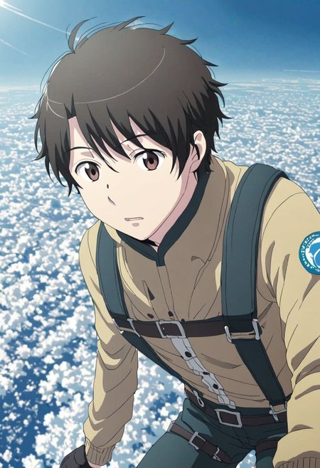 high resolution, solo, best quality, 1Boy, Inaho Kaizuka, Black Hair, Brown Eyes, free fall, sky , OverallDetail