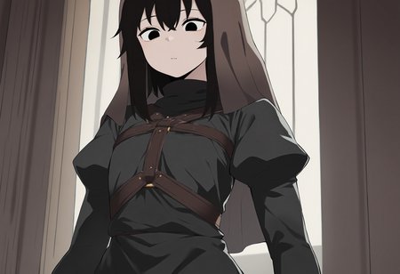 masterpiece, best quality,,detailed_background,indoors,asdf1211950,black eyes,flat chest,highres,1girl,miranda \(black souls\),puffy sleeves,solo,turtleneck,juliet sleeves,dress,closed mouth,long sleeves,harness,upper body,brown veil,black souls,turtleneck dress,black hair,chest harness,black dress