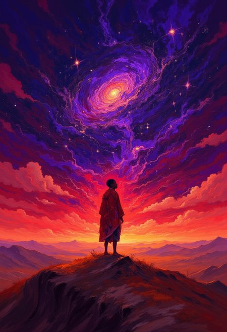 In this captivating African mysticism-themed artwork, the enigmatic fusion of Earth and sky is brought to life with a mesmerizing blend of reality and dreamlike elements. The striking figure of a Masai warrior stands tall atop a serene hill, his vibrant red clothing harmoniously intertwined with the crimson glow of the sunset transforming into an inky night sky above.  The Masai warrior's strong stance radiates a sense of belonging to and reverence for the land, underscoring his intimate connection with nature. As the deep purples and indigos of the nightfall steadily engulf the fiery hues of sunset, hauntingly melodic drumbeats reverberate in perfect harmony with celestial music.  The Masai warrior turns his piercing gaze towards the galaxy above, his expression awestruck and filled with wonder as he contemplates the cosmic secrets concealed within the starry expanse. The artist skillfully balances the vivid colors of the horizon with the enchanting expanse of the vast landscape, creating an otherworldly charm that pulls viewers into the enchanting world depicted in the artwork. ,<lora:FLUX-daubrez-DB4RZ.safetensors:1.0> ,
