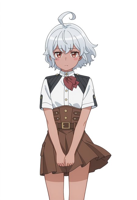 Smooth Quality,masterpiece, ultra realistic,
simple background, white background, 
front view,despair,wind, 
 <lora:AquaErisCnn:0.8>Eris/Cnn, Sist/Cnn, 1girl, ahoge, blush stickers, dark-skinned female, skirt, uniform,petite,