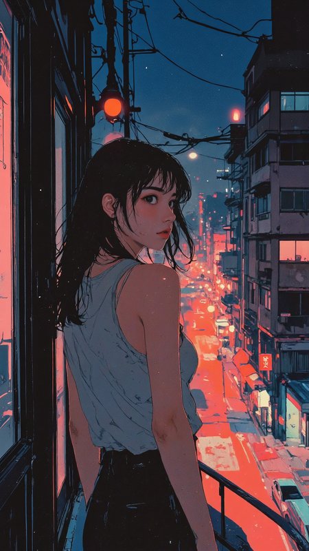pingtu style, realistic comic style illustration of a young woman standing on her apartment balcony at night, gazing at the glowing city skyline. She leans against the railing, wearing a simple tank top. The neon reflections shimmer on the glass door behind her, blending with the soft glow of distant streetlights. A gentle breeze tousles her hair as she breathes in the quiet moment. Soft anime aestheticsâwarm and cool light contrast, delicate highlights, cinematic depth, and a tranquil nighttime atmosphere. <lora:RM_Illustrify_v1.0M:0.6> <lora:illustration:0.8> <lora:Anime_v1.3:0.8>