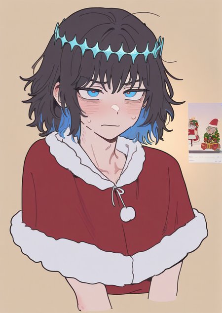 Masterpiece, Best Quality, Best Score, Best Anatomy, simple background, warm background,
androgynous,
(1boy,oberon vortigern, dark hair,blue circlet,blue eyes),
irritation,
christmas outfit, santa hat, 
ppka, doremifaso64, flat color, tale, upper body,
<lora:nyalia_NoobXL:0.8>,  <lora:furu00tck:0.17>, <lora:doremifaso64_style_ill_v1:0.17> ,<lora:Popoka-Illustrious:0.17>,