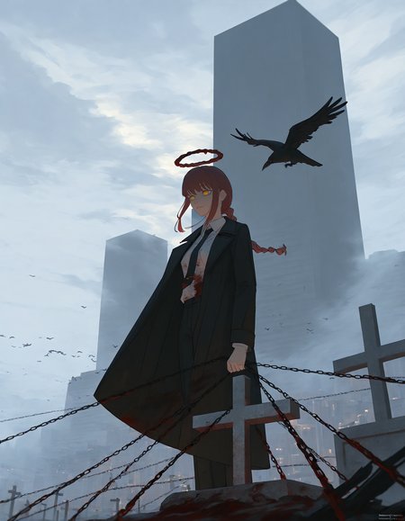 makima \(chainsaw man\), chain, 1girl, building, black necktie, pants, bird, black pants, suit, formal, red hair, braided ponytail, solo, blood on clothes, outdoors, tombstone, cross, crow, sky, white shirt, standing, skyscraper, necktie, collared shirt, grey sky, shirt, blood, graveyard, braid, city, artist name, ringed eyes, long hair, jacket, black coat, black jacket, wide shot, scenery, yellow eyes, holding, cloud, sidelocks, halo, cloudy sky, coat, fog, long sleeves, suit jacket, <lora:void_0:0.7>, void 0