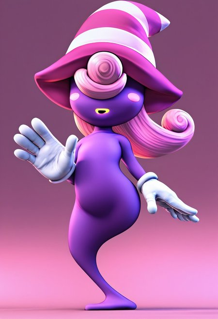 score_9,score_8_up,score_7_up, smashbrosbrawl, polygonal, 3d, full body, expressive eyes, perfect face, perfect hands, purple body, ghost, pink hair, long hair, pink hat, witch hat, gloves, no legs, vivian_(\paper_mario\), waving hand