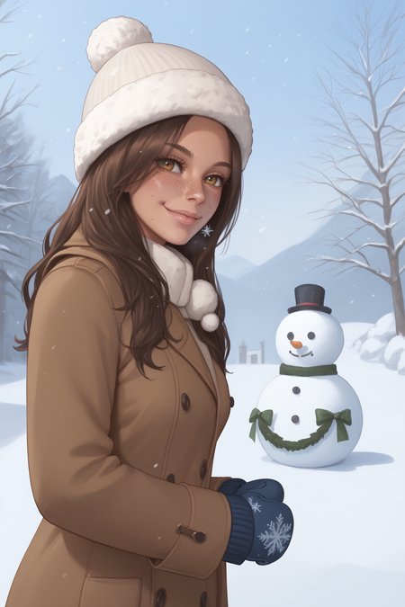 score_9, score_8_up, score_7_up, masterpiece, high quality, BREAK
 <lora:karlaPonyLoRA:1>krla, long hair, freckles, brown coat, winter, snow, snowflakes, snowman, fur hat, mittens, smile, cold breath