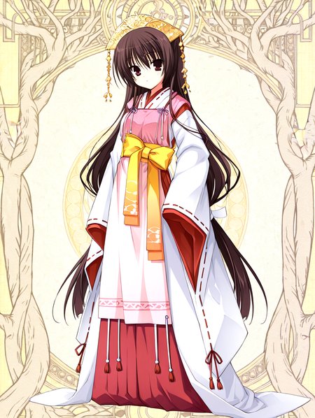 <lora:sakuyahime-tenshin-000009:1>,
il-unohana-sakuya,1girl,ukami outfit,solo,japanese clothes,brown hair,
very long hair,yellow bow on waist,ribbon-trimmed sleeves,miko,pink wide shoulder strap out layer,white outer  long under layer,elegant white gown with a trailing hem,red layer skirt inner,
<lora:add-detail-xl:1>,<lora:ponyv4_noob1_2_adamW-000017:0.8>,wear clothes,