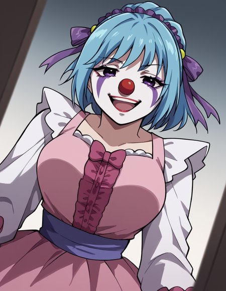 score_9, score_8_up, score_7_up, source_anime, <lora:kurumu-kurono-s2-ponyxl-lora-nochekaiser:1>, kurumu kurono, short hair, blue hair, purple eyes, ponytail, ribbon, hair ribbon, hair ornament, large breasts,, <lora:clown-ponyxl-lora-nochekaiser:1>, clown, makeup, clown nose, facepaint, gloves, long sleeves, frills, dress,, smile, open mouth, smug, , dutch angle, cowboy shot