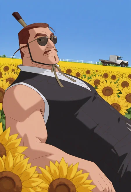 1boy, leaning back, happy, upper body, looking at viewer, from side, dutch angle,
BREAK
zhouwang, mature male, thick eyebrows, short hair, brown hair, black eyes, mustache, soul patch,
headgear, chin strap, black vest, sleeveless, black pants, sunglasses,
BREAK
horizon, blue sky, farm, pickup truck, field, sunflower field
BREAK
best quality, masterpiece, very aesthetic, absurdres, highest detailed, very awa, dark background,
<lora:DILFs_and_Creatures_from_The_Legend_Of_Nezha_v0.1:1>