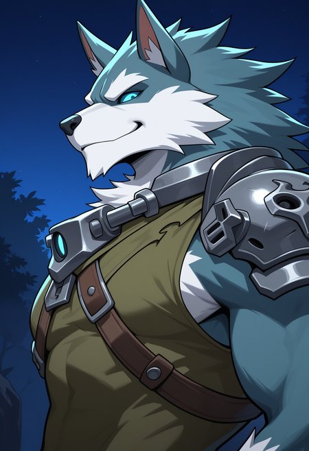 masterpiece,best quality,amazing quality, 1boy, solo, v1kt0r, furry male, steel collar, steel chest harness, single pauldron, torn green shirt, blue sclera, no pupils, close up, side angle, outside, looking at viewer, night, smirk,