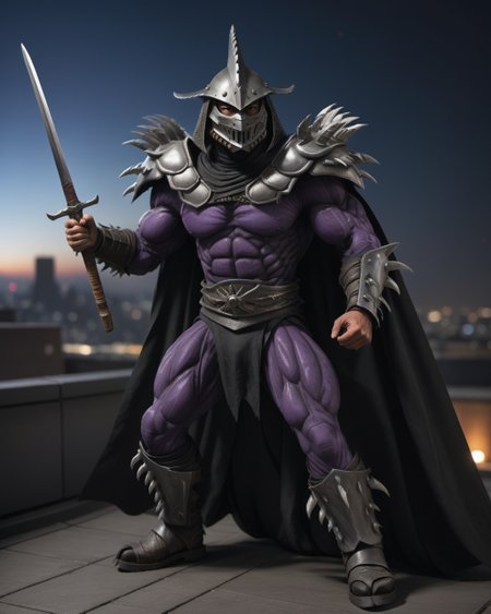 cinematic, (on a city rooftop, at night, bokeh, realistic lighting, ray tracing, bloom), ((full body shot)), a highres RAW photo of a TMNTSuperShredder 1man armored samurai knight, wearing a dark purple outfit with serrated claw spike pauldrons and serrated claw gauntlets and serrated claw armored boots and serrated metal samurai helmet with mask, long black cape, holding a bishamon yari spear in one hand, <lora:TMNTSuperShredder_SDXL:0.5>, ((muscular, fitness physique)), atmospheric, ((photorealism, photorealistic:1.4)), 8k, highly detailed, intricate detail
