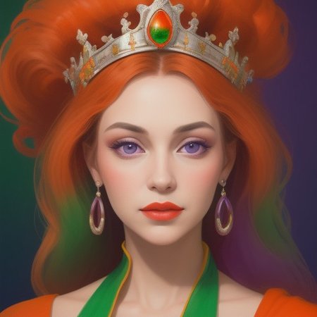 Portrait of a beautiful Queen.
Orange, red, green,  purple colors only.