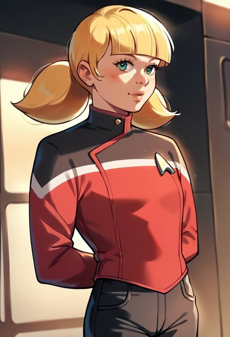 score_9, score_8_up, score_7_up, score_6_up, score_5_up, 1girl, in sttldunf  star trek red uniform ,black pants, black shoulders, long red sleeves, penny \(inspector gadget\), hands behind back,  spaceship interior, ((portrait)), ((solo)), blonde hair,