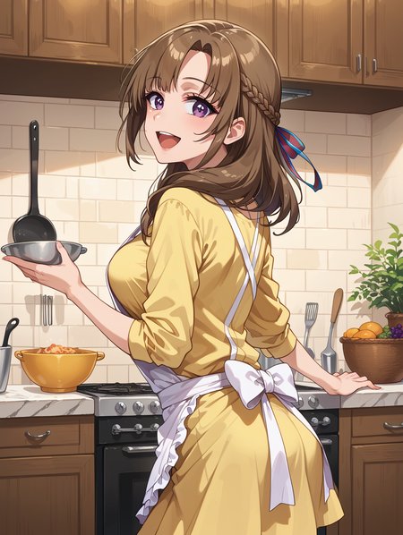 score_9, score_8_up, score_7_up,source_anime,BREAK, 
oosuki_mamako,
white apron, kitchen, happy, from side, looking at viewer, looking back, yellow shirt,skirt,
<lora:oosuki_mamako:1>