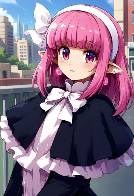 score_9, score_8_up, score_7_up,source_anime,long sleeve,black long dress,Slit in the center dress,pink hair,pink eyes,capelet,black Long boots,blunt bangs,long dress,earrings,white hair ribbon,white hairband,pointy ears,ribbon,outdoor,city,day,Sunshine,