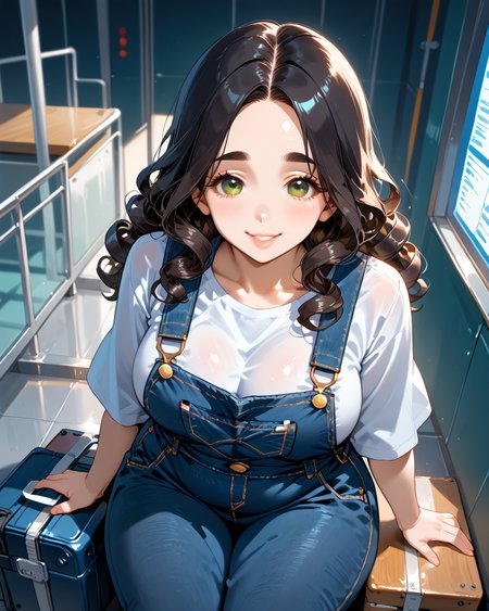 PonyScores7, source_anime, rating_safe, ah1, 1girl, (curly hair), long hair, (black hair), mature female, (parted hair:1.7), (round face:1.2), (no_bangs:1.3), (no_fringe:1.6), (thick eyebrows), (curvy), round-chin, (greenish hazel eyes), caucasian, (downturned eyes:1.2), (plump face), <lora:ETO_OCPonyXL:0.5> eto_oc, skindentation, (plump:1.2), thick thighs, wide hips, busty, voluptuous, kinky curls, lips, bad-hands-5, <lora:venus body PonyXL:0.8>, <lora:xl_more_art-full_v1:0.4>, <lora:shinyskin2:0.3> glistening skin, <lora:aesthetic_anime_v1s:0.4>, <lora:Expressive_H:0.4> Expressiveh, <lora:hairdetailpxl:0.4> hairdetailpxl, <lora:EpicF4nta5yXL:0.4>, <lora:detailxl:0.4> detailxl, <lora:Fant5yP0ny:0.4>, best quality, amazing quality, best aesthetic, absurdres, <lora:expressive eyes:0.4> expressive eyes, <lora:eyedetailpxl:0.4> eyedetailpxl, illustration, Volumetric_Lighting, ultra-detailed, very aesthetic, intricate details, 8k, masterpiece, best_quality, smile, (High Angle view Extreme Close shot (focus on waist)), (sitting with hands around her ankles), (airport terminal, travelers sitting with luggage some napping others watching the departure board), (Work Overalls), <lora:Eyes_High_Definition:0.6> EyesHD,