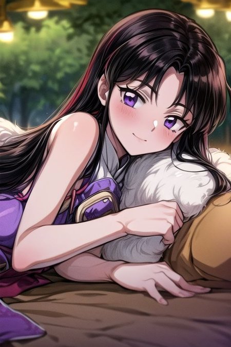 masterpiece,  best quality 1girl Setsun4 solo long hair,  (night time) forest background black hair very long hair purple eyes multicolored hair armor (fur trim) (medium body),<lora:EMS-179-EMS:0.800000>,<lora:EMS-293862-EMS:0.800000> bow, hair_bow, hair_tubes, red_bow, brown_hair, long_hair, bangs, ascot, frilled_bow, yellow_ascot, blush, smile, hair_between_eyes, athletic, armor, miko, ,(((intricate outfit,intricate clothes,embroidered outfit,ornate outfit,embroidered clothes,ornate clothes))), laying down, lying down