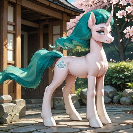 safe_pos, score_9, score_8_up, score_7_up, score_6_up, score_5_up, score_4_up, Mistmane, my little pony, feral, full body, nude, standing in half turn, expressive eyes, looking at the viewer, outdoors, Japanese garden, flowers, sakura, ((counterlight)), backlight, soft light, soft shadows, morning, d3t41l3d, Expressiveh BadDream,  4k,8k,Ultra HD,Masterpiece,Best quality,Detailed),Detailed background,