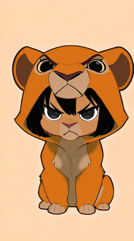 masterpiece, best quality, very aesthetic, absurdres, safe, 1girl, solo, lioness hood pajama, short black hair, black eyes, chibi, ultra-cute, angry, pat, simple background.
<lora:Lioness_Like_Lions_ill_FINAL_FINAL2:1>,âââ