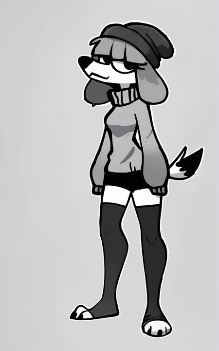 score_9, score_8_up, score_7_up,((best quality)), absurdres,((full body)),<lora:3d-2d:0.8>, <lora:FifiSDXL:0.8>,FifiSDXL,tail, dog girl, dog tail,furry, furry female,white skin, white fur,grey hair,beanie ,sweater,grey sweater,black shorts,black beanie,socks, black socks, toeless socks,white background,standing,slim ,thighhighs,solo,