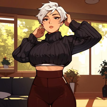 score_9,score_8_up,score_7_up,(masterpiece), best quality, expressive eyes, amazing quality, solo, 1girl, Tomboy, Slim waist, White hair, Short hair, sweater, black eyes,  bra, large breasts,  yoga pants, standing, Bedroom,