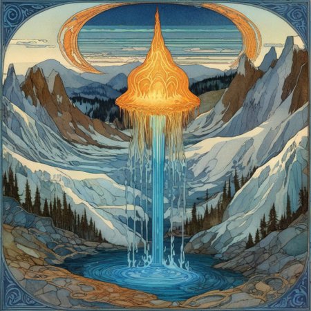 Ivan Bilibin Style - a magical Water geyser spurts from the ground with great force. A blue glow radiates from within. It's surrounded by an ice lake, with mountains in the background.