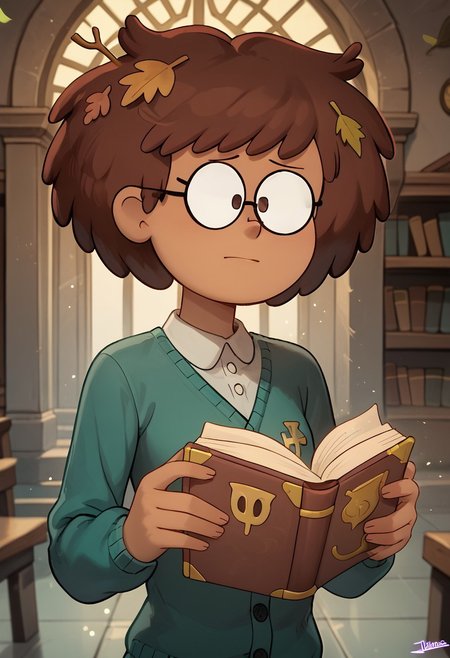 score_9, score_8, score_7, score_6,
Jhiacco, solo, anneboonchuy, brown hair, dark-skinned female, leaf hair ornament, short hair
Character Description: A young woman with glasses and a curious expression, surrounded by books.
Outfit: A vintage dress with lace details and a cardigan, carrying a stack of ancient tomes.
Action: She is reading an open book, with glowing symbols floating around her.
Background: A grand library filled with towering shelves and magical artifacts.
Composition Details: Soft, warm lighting creates an inviting atmosphere, with a medium shot to capture her expression and the floating symbols.