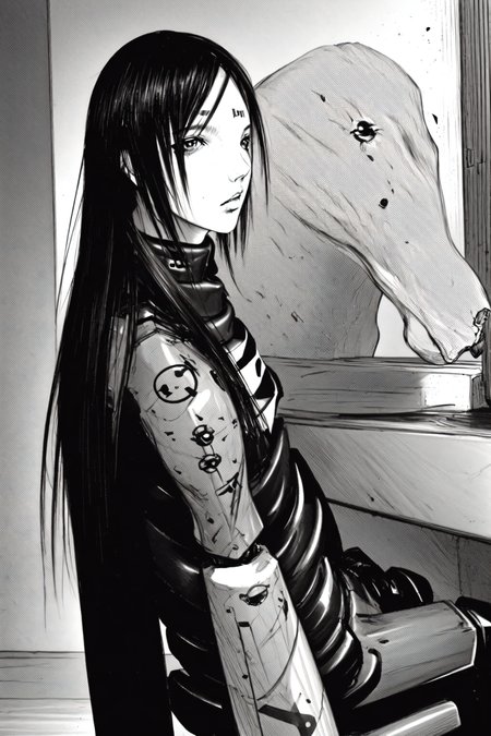 best quality, sanakan (safeguard), hair, detailed face, GBE, smoke <lora:blamev2:1>,  <lora:mangaGeneralStyleLora_v10Mature:0.5> greyscale, monochrome