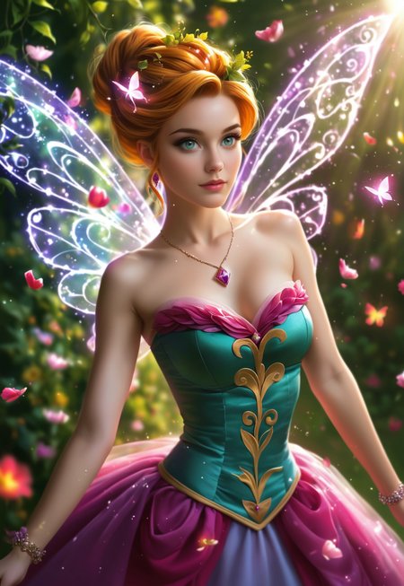 A radiant fairy with delicate, translucent wings that shimmer like diamond dust, and hair the color of lavender, softly curling around her face. Her skin is a soft, pearlescent pink, glowing with an inner light. Her eyes are a brilliant amethyst, sparkling with magic and joy. Arched, delicate eyebrows complement her playful expression. Her nose is small and slightly upturned, adding to her charming appearance. Her lips are full and rosy, slightly parted as if whispering enchantments. Her slender shoulders are bare, revealing intricate, glowing tattoos of flowers and vines. Her chest is adorned with a necklace of tiny, glowing crystals, highlighting her ethereal beauty. Her abdomen is lean and graceful, leading to a tiny waist. Her lower body is draped in a flowing, iridescent skirt made of petals, dancing with every movement, revealing her lithe form. She stands in a magical garden, surrounded by blooming flowers and glowing butterflies, the air filled with the sweet scent of blossoms. Sunlight filters through the petals, casting a radiant glow on her enchanting features. Her eyes are wide open, marveling at the wonders around her, her expression full of delight and curiosity. A radiant fairy in a magical garden.
(enchanted fairy, upper body, fully clothed)
<lora:add-detail-xl:1>

