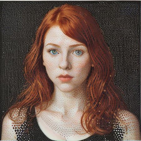 ctmpr34l artstyle, portrait of redhead woman, breasts, in the style of chuck close, pointillist optical illusions, intricate pointillism, early computer art, stenciled iconography, fine detailed