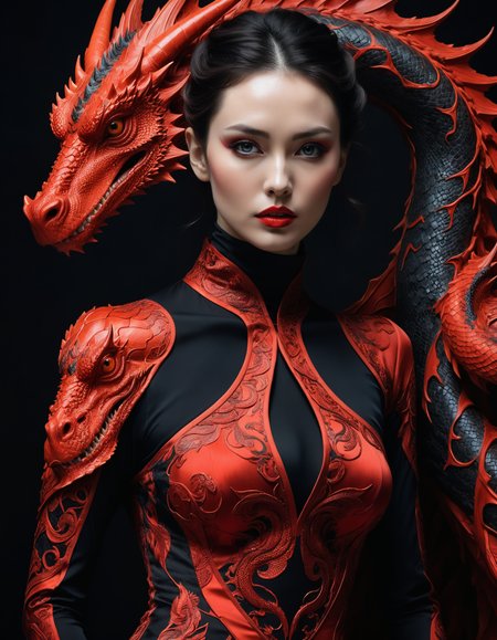 professional photograph of a mysterious and otherworldly monstrous dragon and an extremely beautiful woman wearing an elegant tight high neck long sleeve dress by  Yoji Shinkawa and Amy Judd and Edward Weston , bold lines, hyper detailed, dark limited palette, dramatic lighting,  (intricate details, masterpiece, best quality:1.4), fiery red  and black hue
<lora:add-detail-xl:0.75> <lora:xl_more_art-full_v1:0.5>
