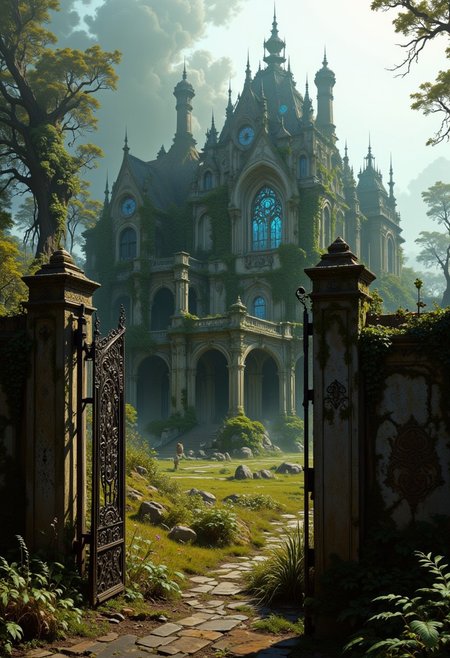 A decaying old mansion partially hidden by thick fog. The windows are broken, and the walls are covered in ivy and moss. The front yard is overgrown with weeds, and a rusted iron gate stands ajar, creaking softly in the wind. The atmosphere is filled with an air of mystery and forgotten grandeur., 
in the style of live action dark fantasy, over the garden wall, 70s Panavision look and feel, warm color tones, high contrast, wide aspect ratio, lens flares, film grain, retro aesthetic, soft focus, deep shadows, vibrant saturation, authentic 1970s vibe, natural lighting, nostalgic, dreamcore